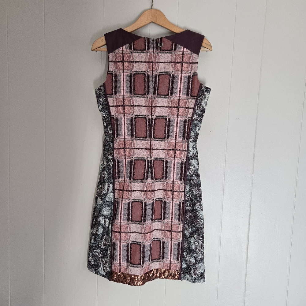 Save The Queen Sheath Dress Leather Inserts Rose Gold Sequins Geometric Maroon M - Picture 4 of 14